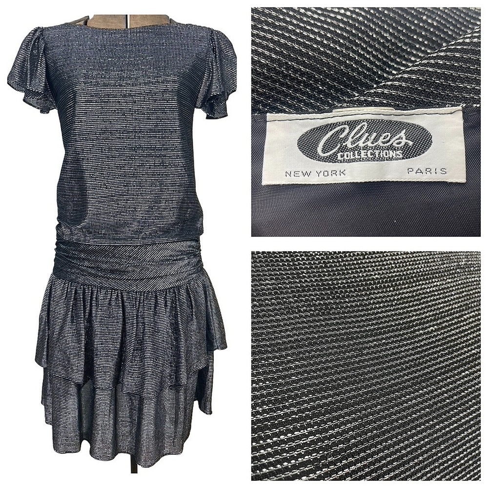 Vintage Womens (S) Metallic Silver Drop Waist 80s Midi Dress Disco Whimsi Party